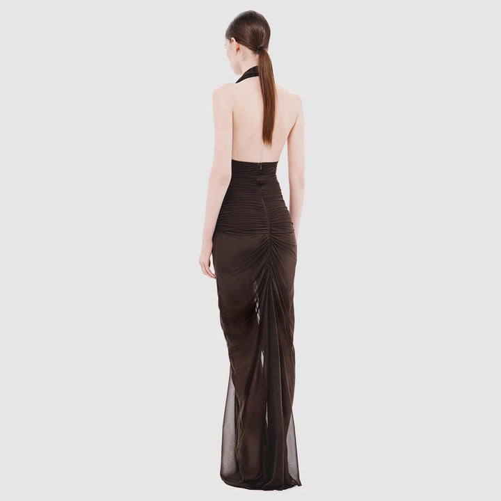 Dame elegant strapless aftenkjole med raffineret drapering og dyb udskæring Skovae