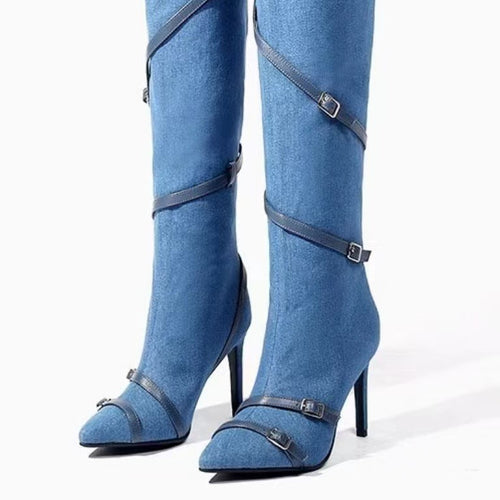 Damer Spidsudkast Denim Over-the-Knee Stiletto-Støvler med justerbare Remakcenter Stilla
