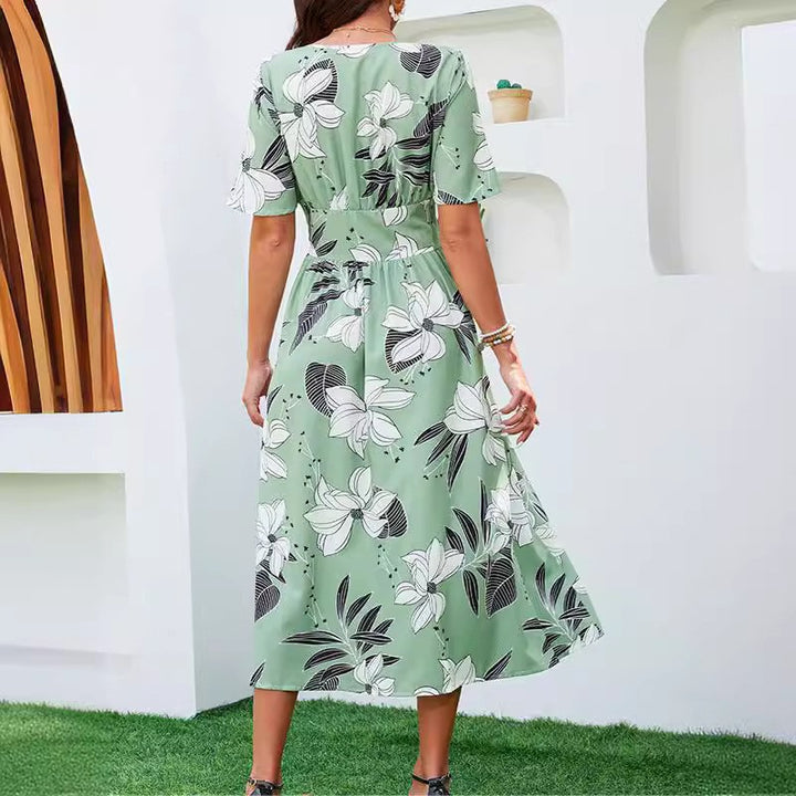 Dame Floral Trykt Midi-Kjole med Knap-Frontdetail Stilla