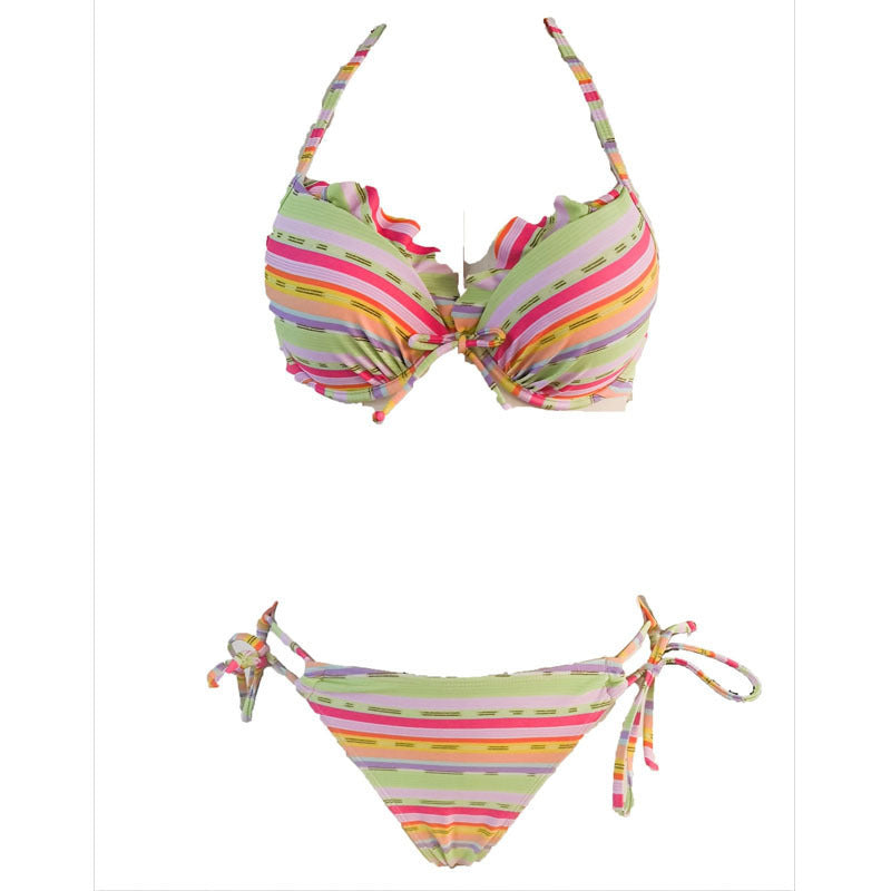 Dame Farverige Stribet Bikini med legende Flæsedetaljer Skovae