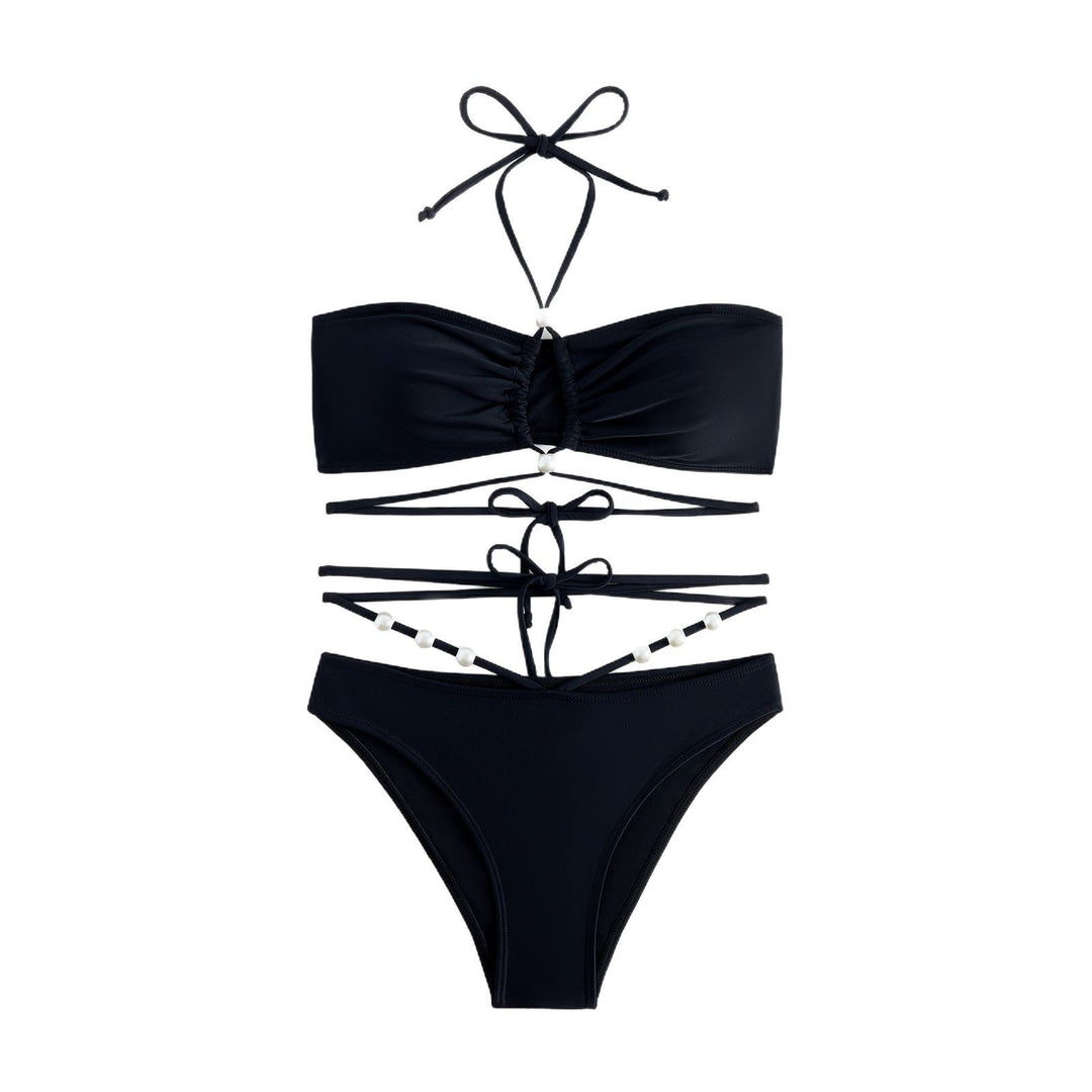 Dame bikini sæt med raffineret bindedesign og gennemsigtige indpakningsskørter Stilla