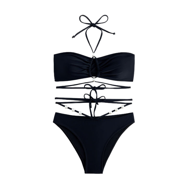 Dame bikini sæt med raffineret bindedesign og gennemsigtige indpakningsskørter Stilla