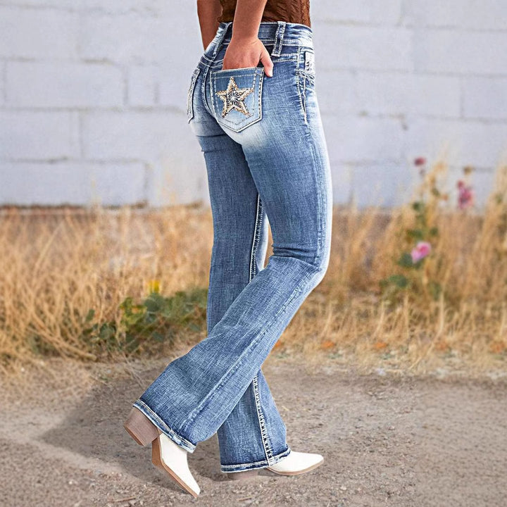 Dame Bootcut Jeans med glitrende palietter og moderne Used-Look Stilla