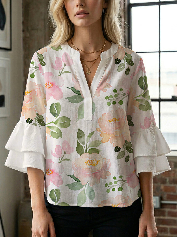 Dame elegant bluser med voluminøse rucheærmer og grafisk blomsterdesign Skovae