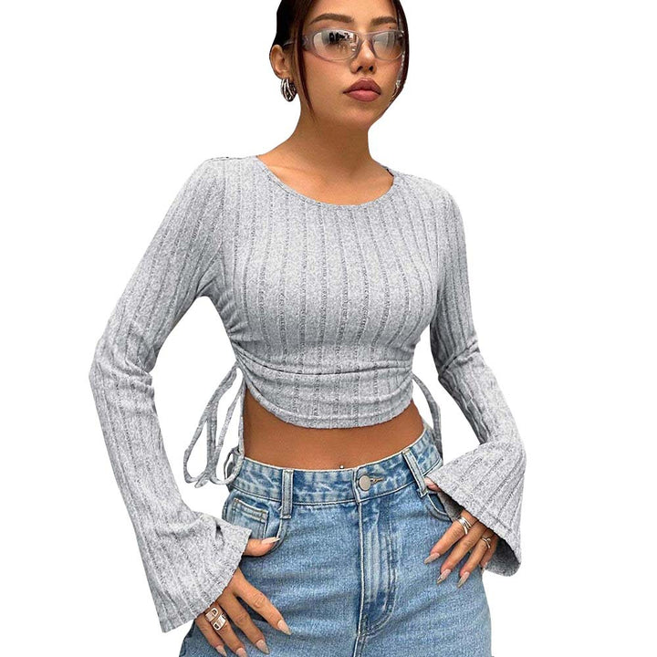 Kvinder cropped langærmet top med moderigtig ribstrikket og bånddetalje Stilla