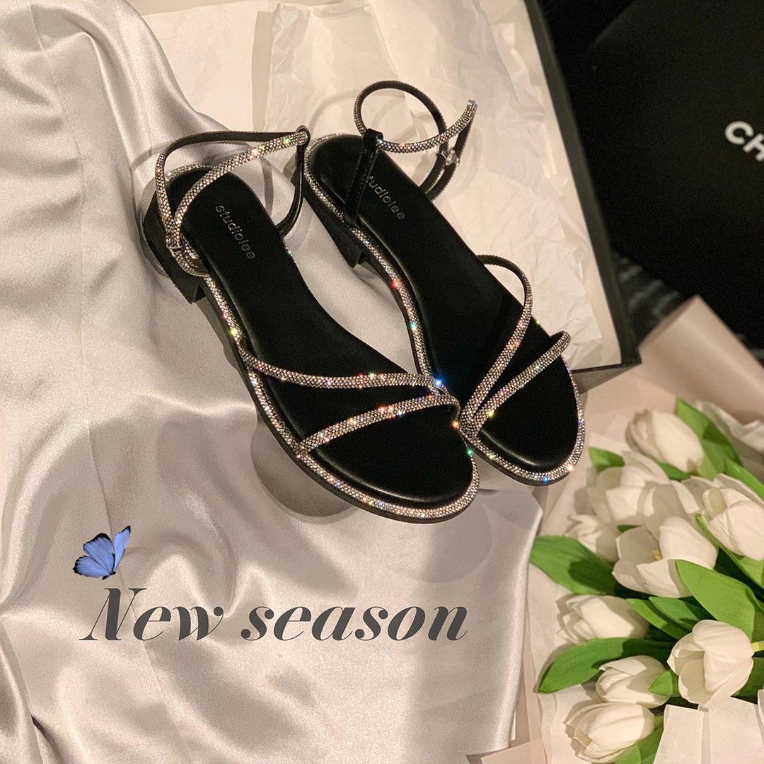 Dame Strappy Flade Sandaler med Strass Dekoration Stilla