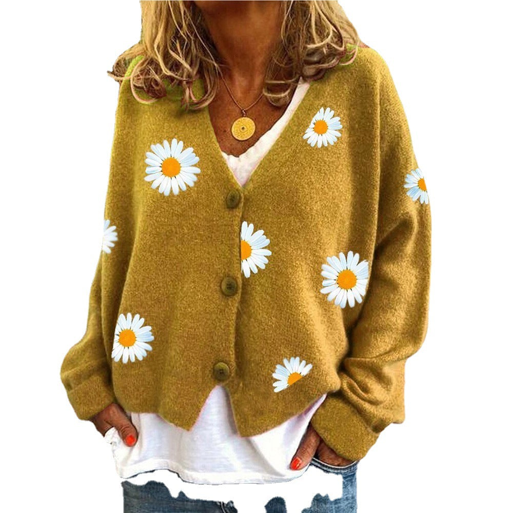 Dame strikjakke med floralt design Stilla