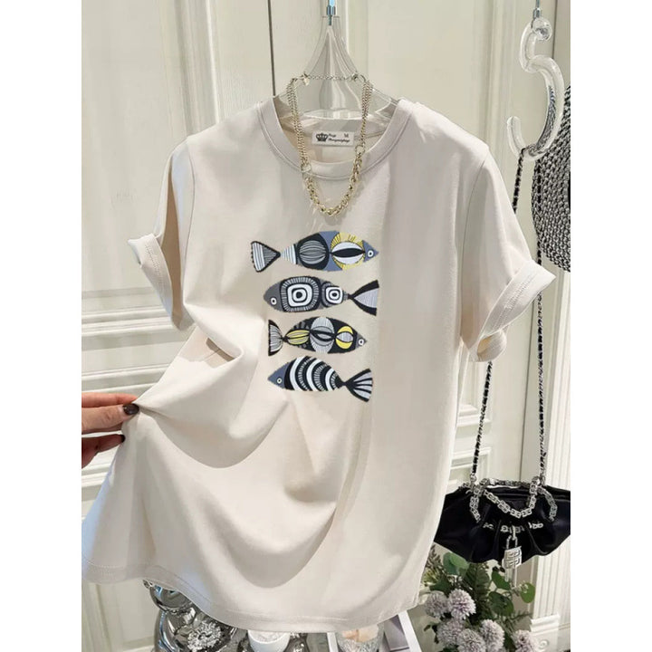 Dame T-Shirt med kreativt fiske motiv og afslappet pasform Stilla
