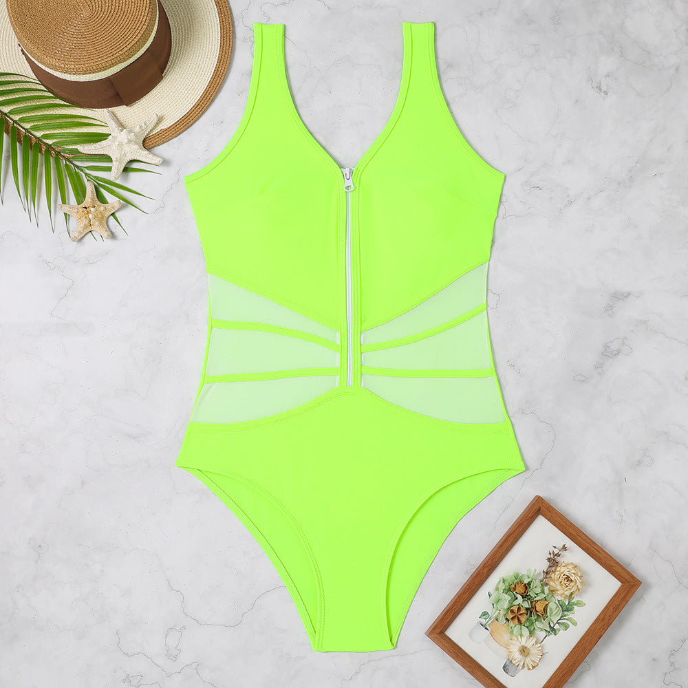 Dame Sporty One-Piece Badedragt med Lynlås og Kontrastpaneler Stilla