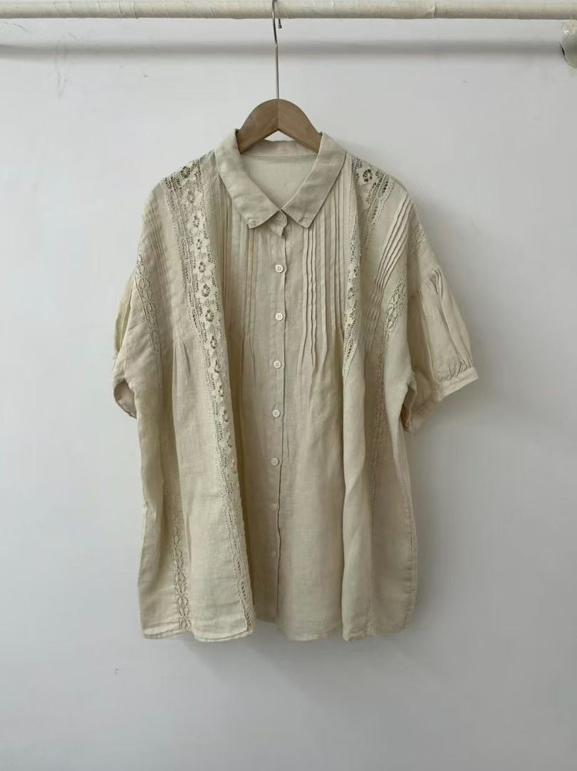 Dame Elegant Oversized Spids-Detail Knap-Op Bluse Stilla