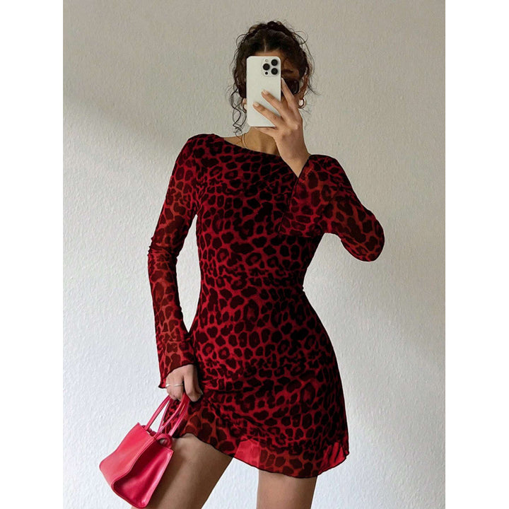 Dame Gennemsigtigt Leopardmønster Mini Kjole Stilla