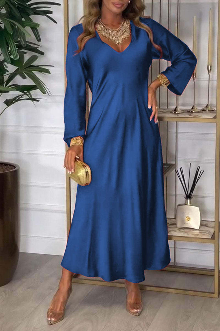 Dame elegant maxikjole med V-udskæring og lange ærmer Stilla