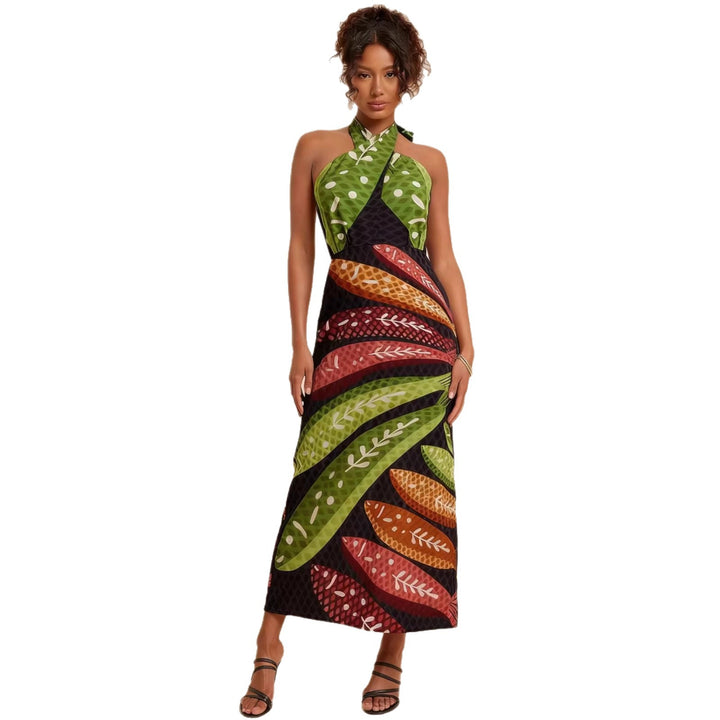 Dame Halterneck Maxi Kjole med Farverig Bladdesign og Flared Snit