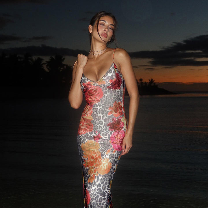 Kvinder Floral Leopard Print Slip Maxi Kjole Stilla