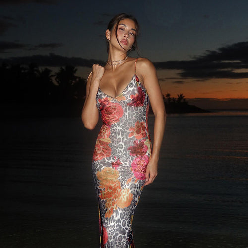 Kvinder Floral Leopard Print Slip Maxi Kjole Stilla