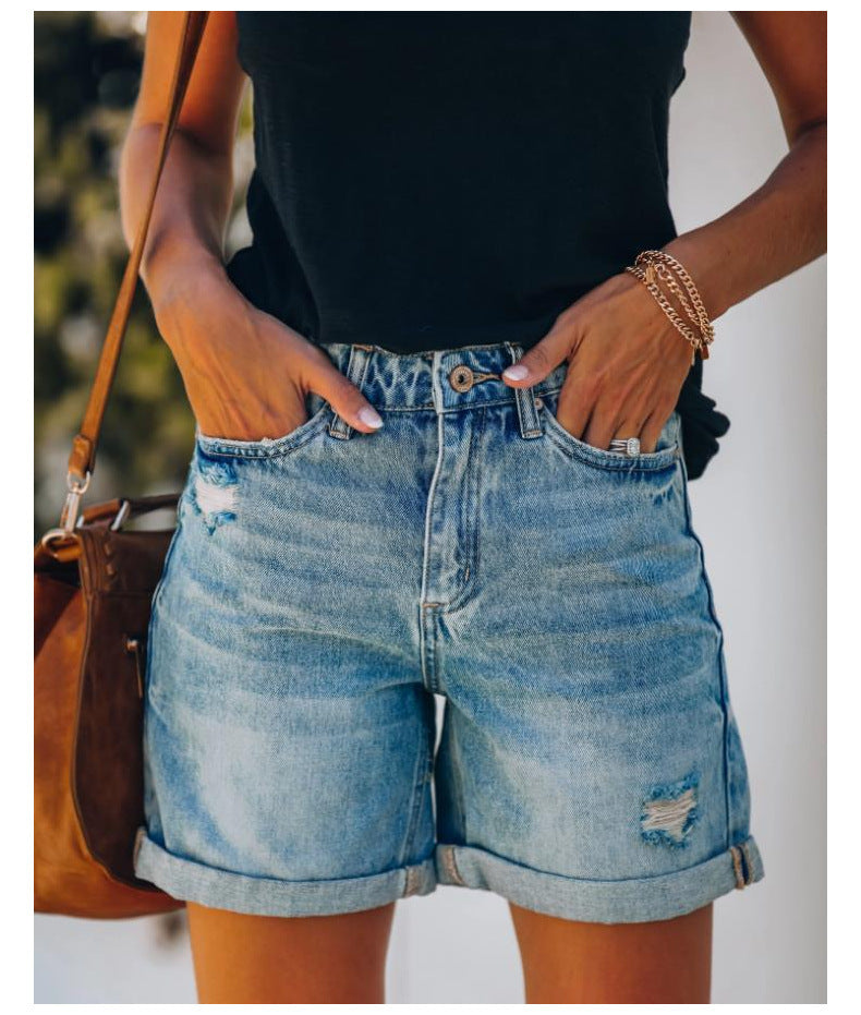 Damer afslappede denimshorts med opsmøget kant og destroyed-detaljer Stilla