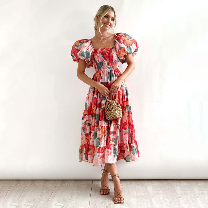 Dame Floral Puff Ærme Midi Kjole Stilla