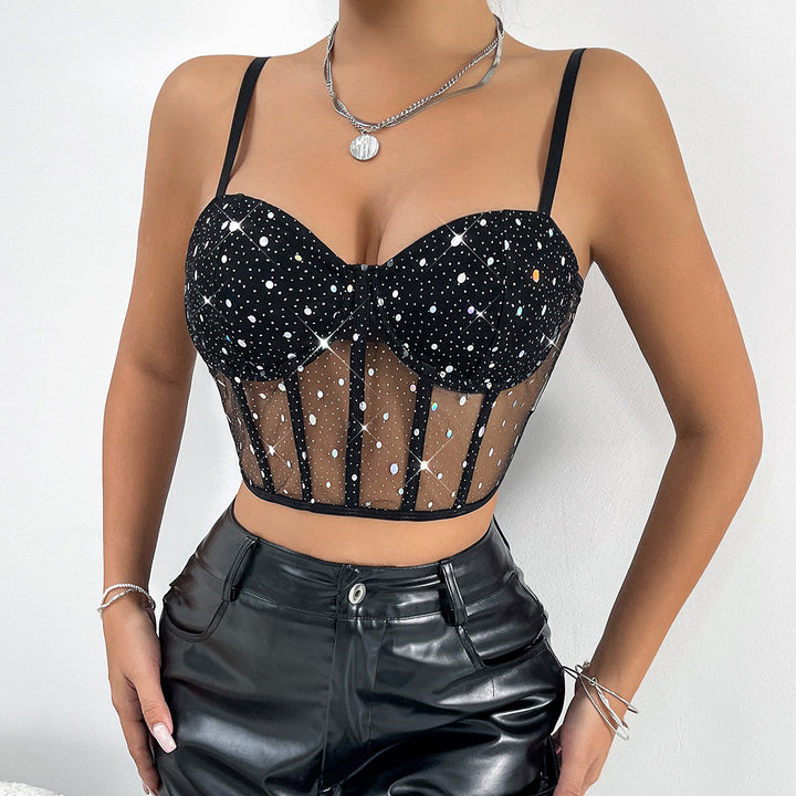 Dame Bustier-top med transparent mesh-indlæg og glimmersten Stilla