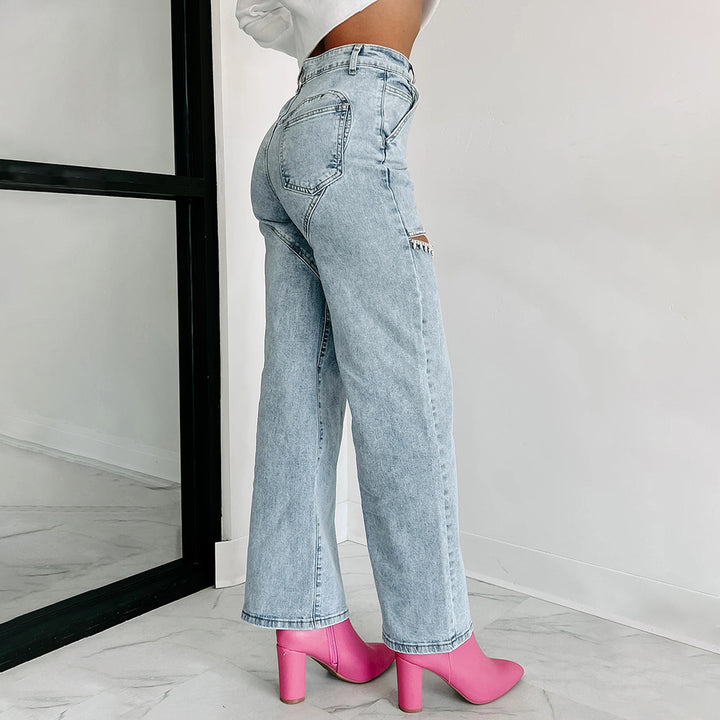 Dame Modejeans med cut-outs og pyntet kant Stilla