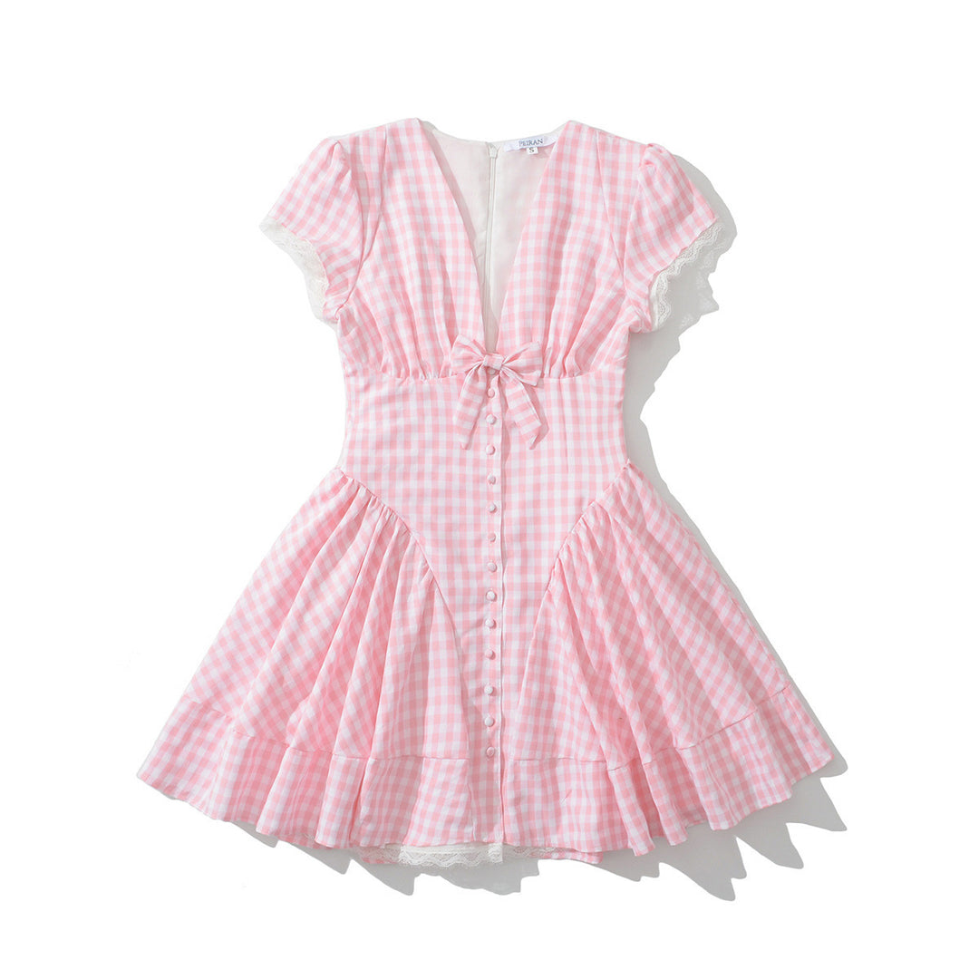 Femme Kortærmet Tartan Mini Kjole med Bindebånd foran Stilla
