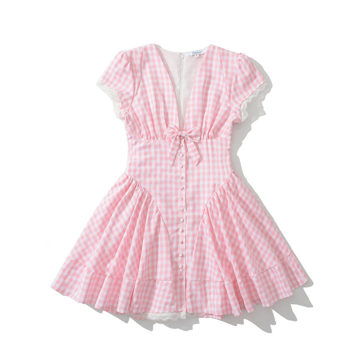Femme Kortærmet Tartan Mini Kjole med Bindebånd foran Stilla