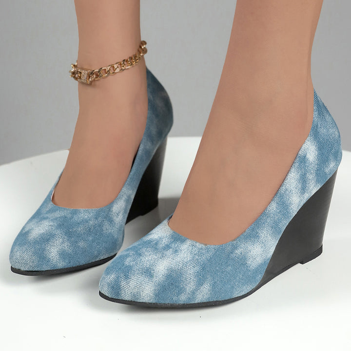 Dame Wedge-Pumps med moderigtigt denim-design og elastisk fodseng Stilla