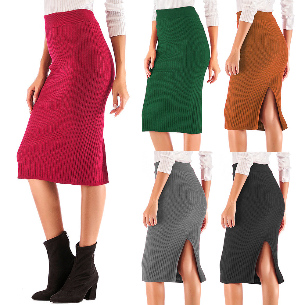 Damer ribbet strik nederdel med sideslitz Stilla