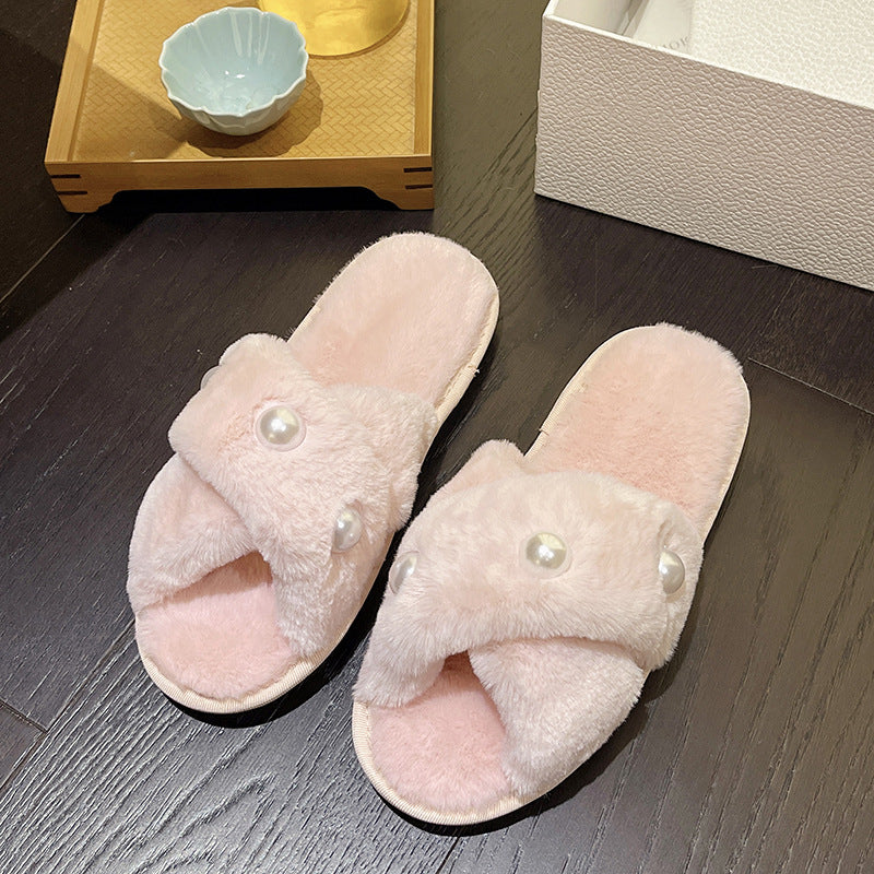Damer Fuzzy Pantofler med mode perle accent Stilla