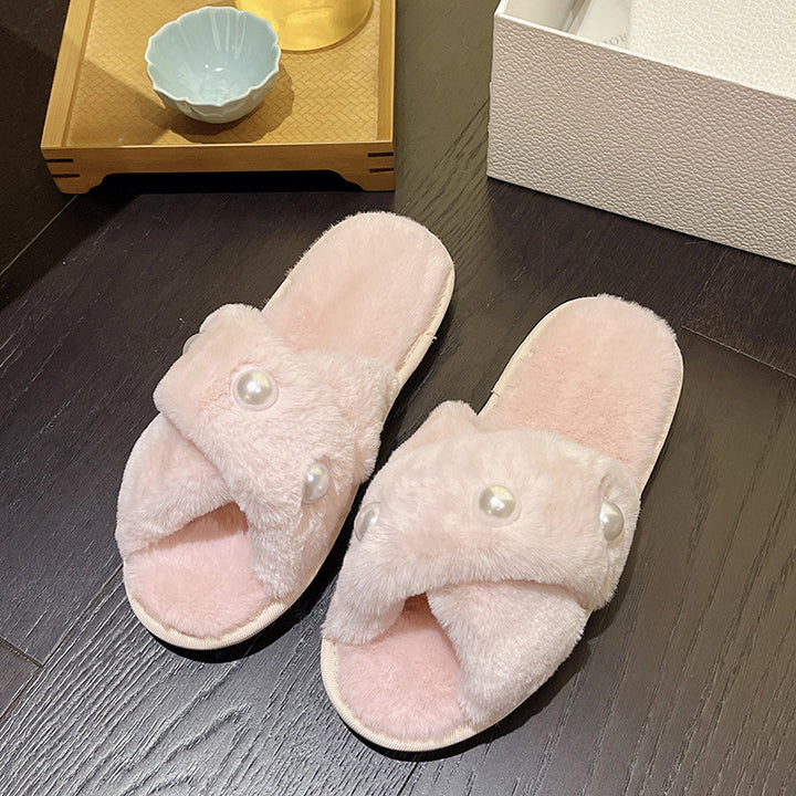 Damer Fuzzy Pantofler med mode perle accent Stilla