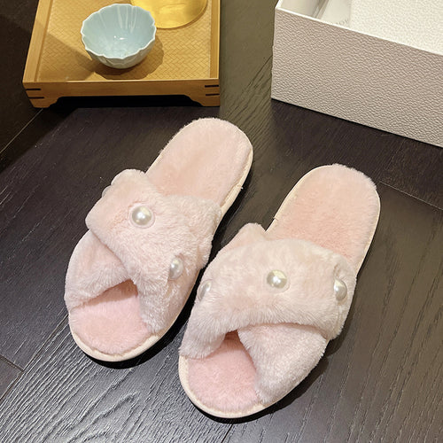 Damer Fuzzy Pantofler med mode perle accent Stilla