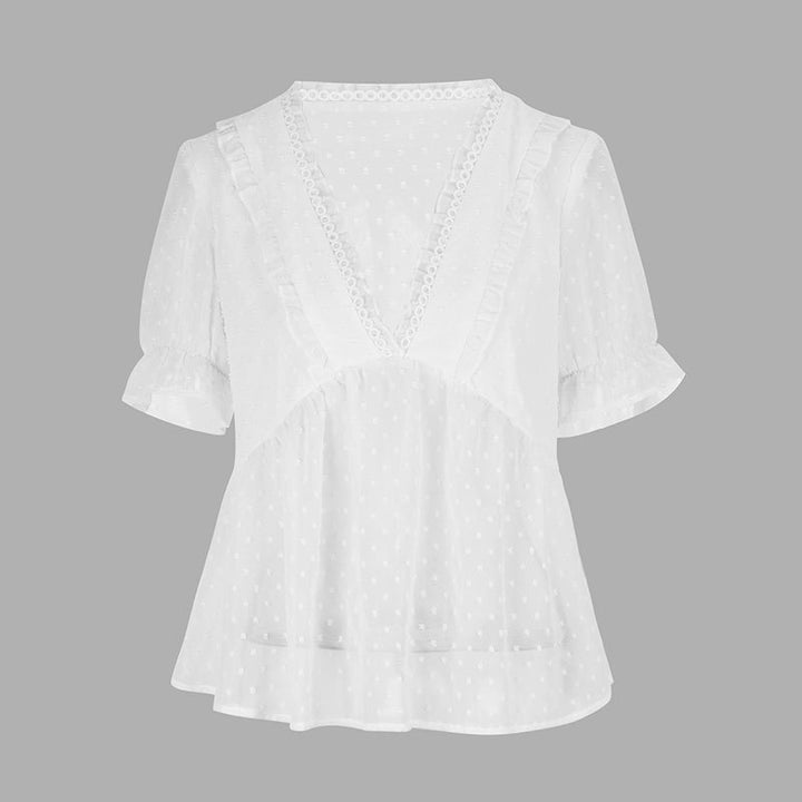 Dame bluse skjorte med flæsedetaljer og punktuelt design Skovae