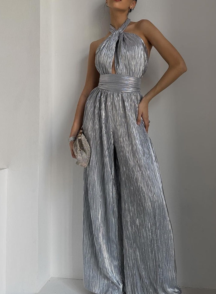 Damer glamourøs jumpsuit med glitrende stof og dyb kerneudskæring Skovae