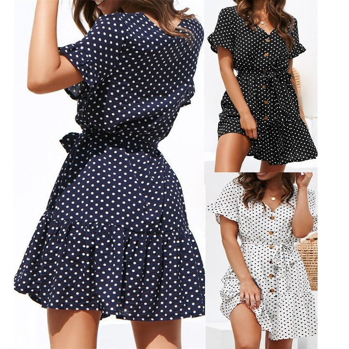 Dame Casual Polka Dots Wrap Kjole med Rufflesøm Stilla