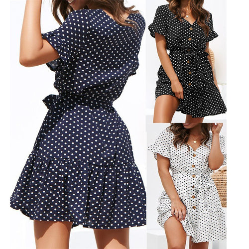 Dame Casual Polka Dots Wrap Kjole med Rufflesøm Stilla