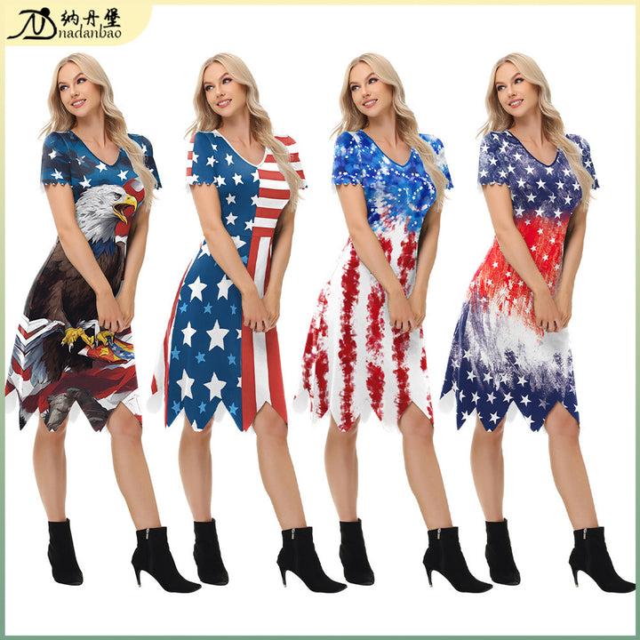 Dame afslappet T-shirt kjole med amerikansk flag mønster og asymmetrisk kant Stilla