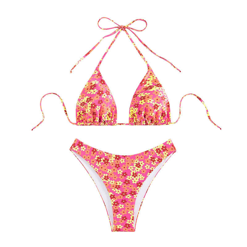 Dame triangel-bikini med blomsterdesign og høj benudskæring Skovae
