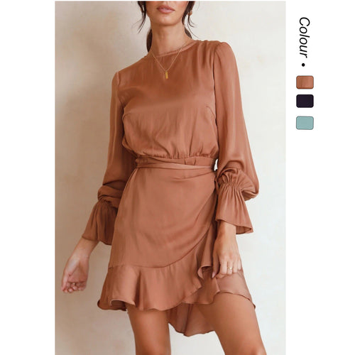 Women's wrap dress with swinging ruffle sleeves and elegant waist tie Skovae