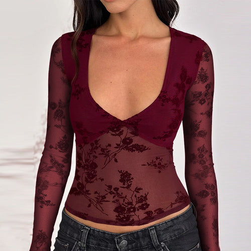 Dame transparent spidsbluse med V-hals og lange ærmer Skovae