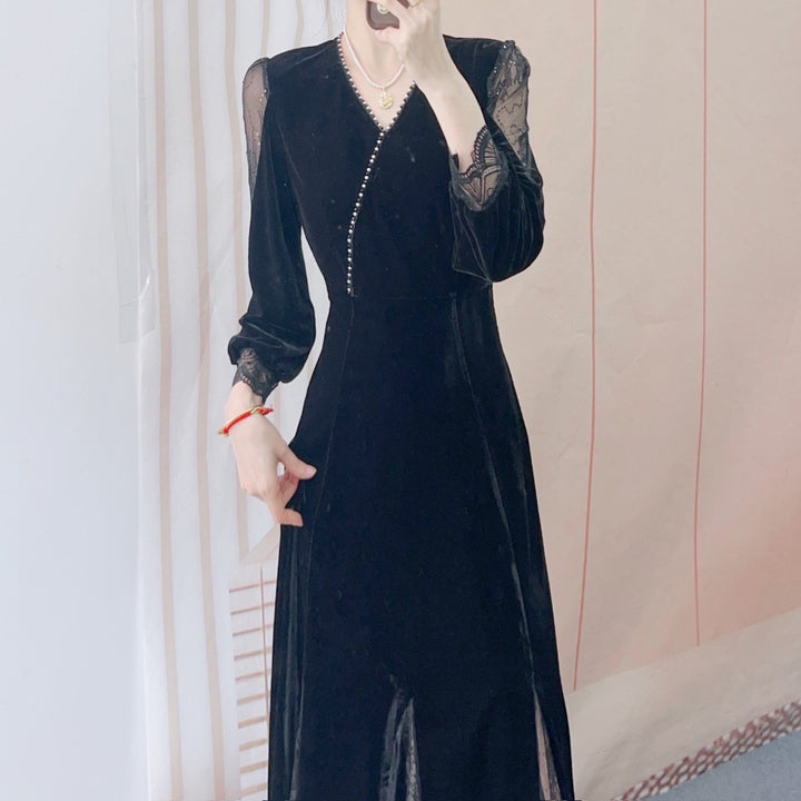 Dame Elegant Maxikjole med transparente ærmer og perlelukning Stilla