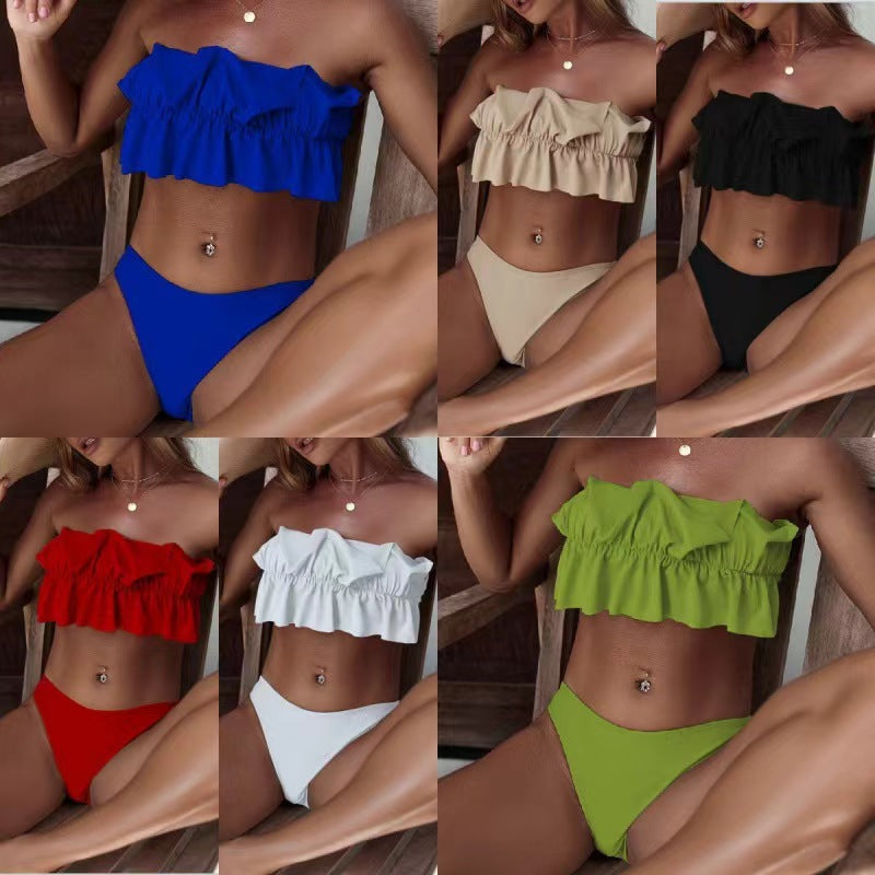 Dame Bandeau-bikini-sæt med elegant flæse-design og høj benudskæring Stilla