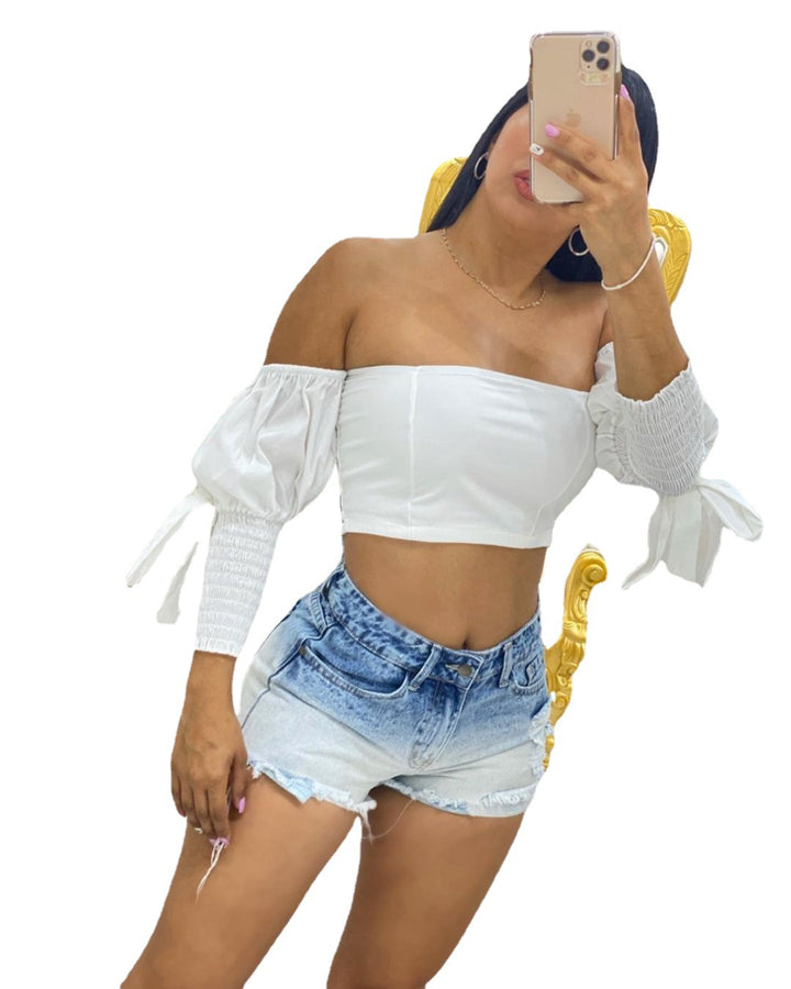Dame Crop Top med puffærmer og smal pasform Stilla
