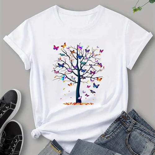 Dame T-shirt med livlig træ- og sommerfugletryk Stilla
