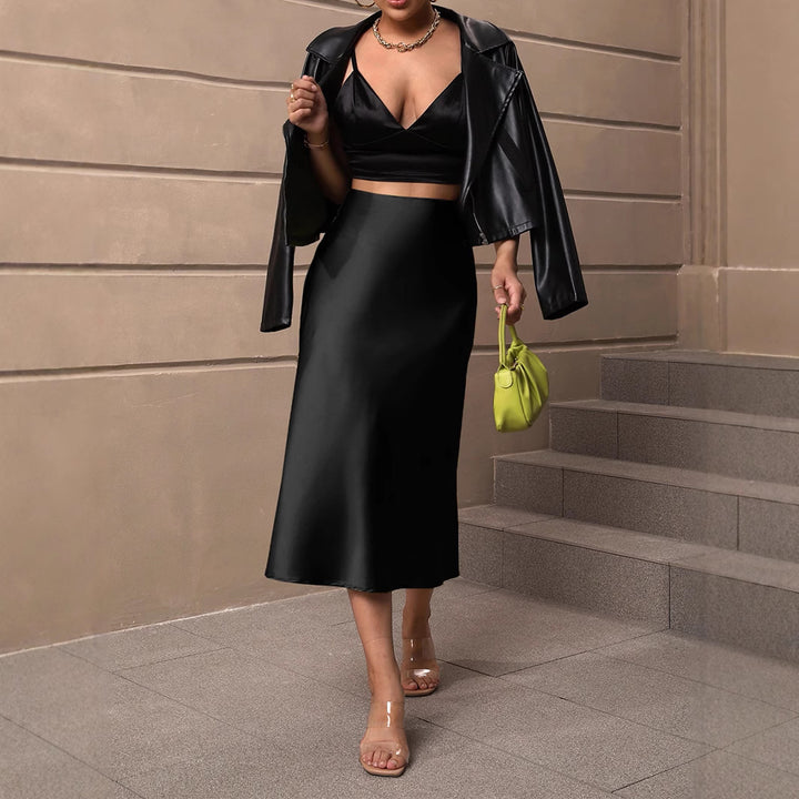 Dame elegant satin midiskirt med flydende snit Stilla