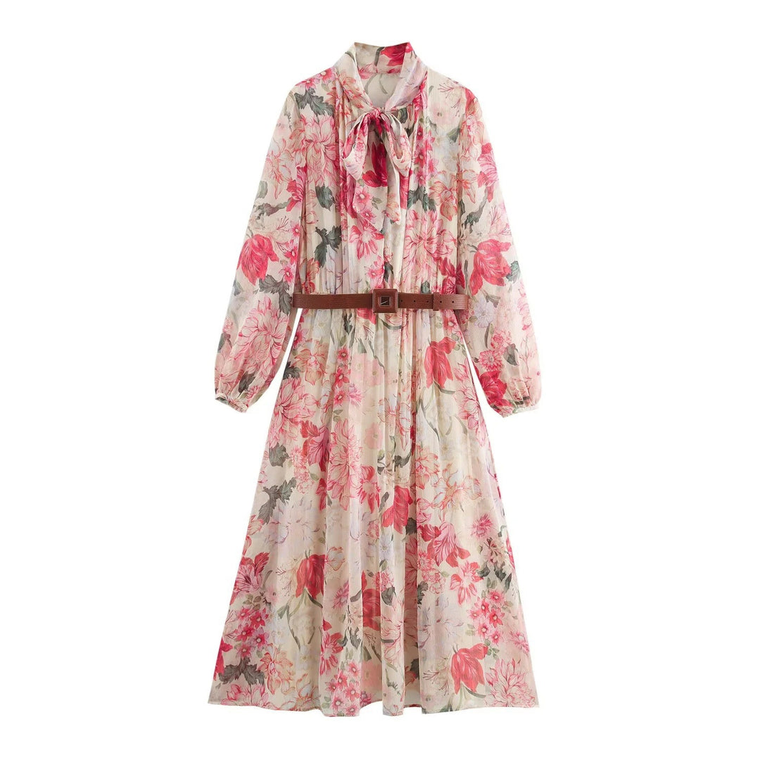 Femme Elegantes Floral Print Maxikjole med Bælte Stilla