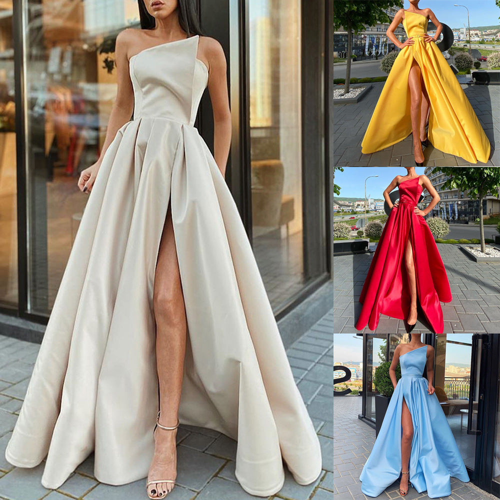 Dame Elegante Aftenkjole med asymmetrisk snit og høj splits Stilla
