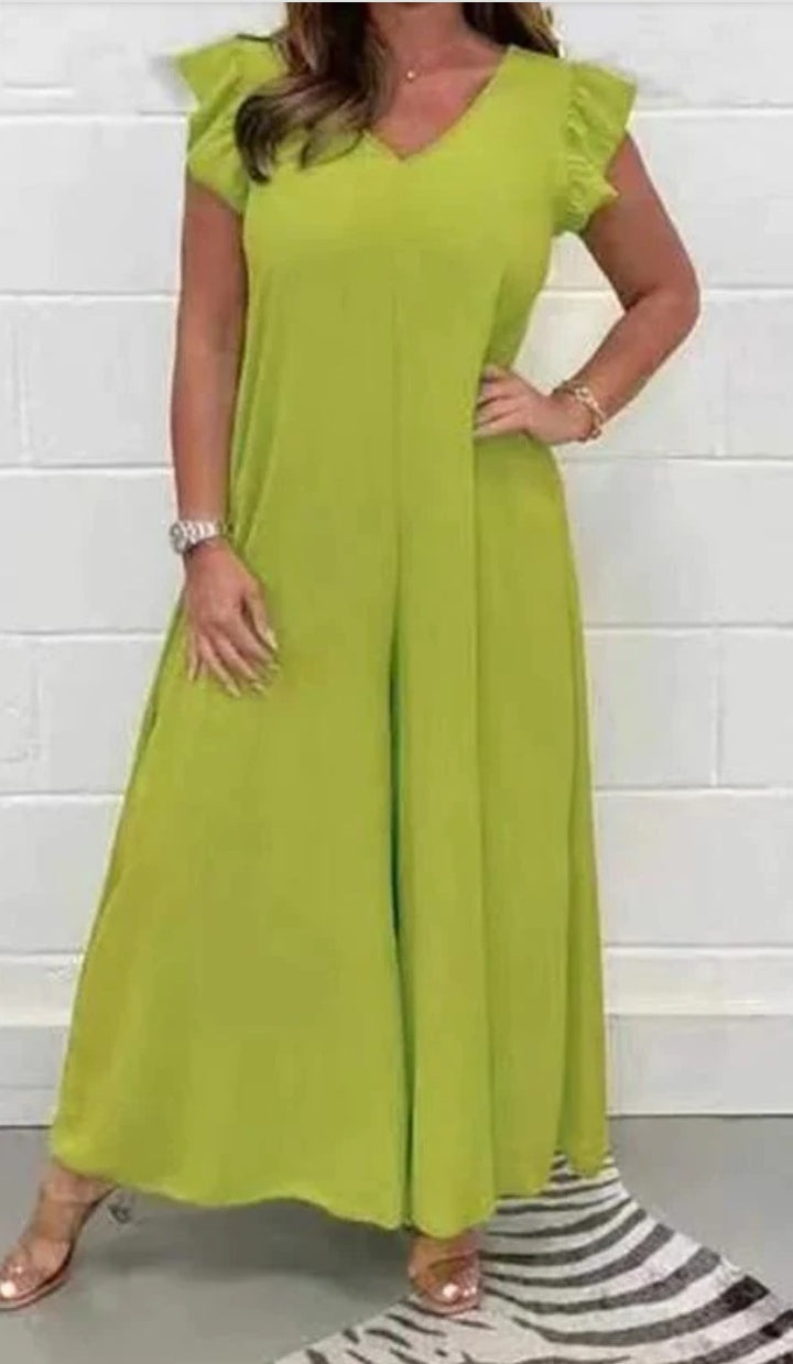 Dame jumpsuit med voluminøse ben og elegant V-udskæring Stilla