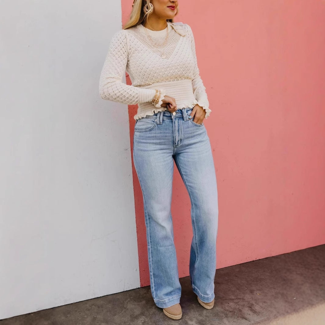 Dame Mode High-Waist Jeans med bred ben Stilla
