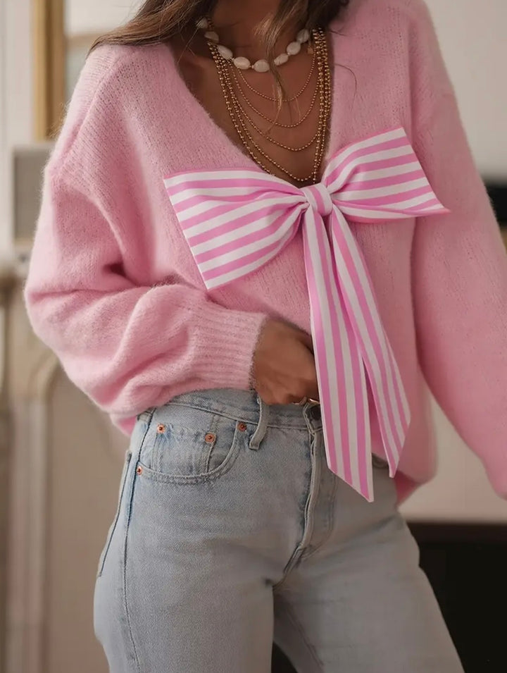 Damer elegant sweater med dekorativ sløjfe accent og V hals Stilla