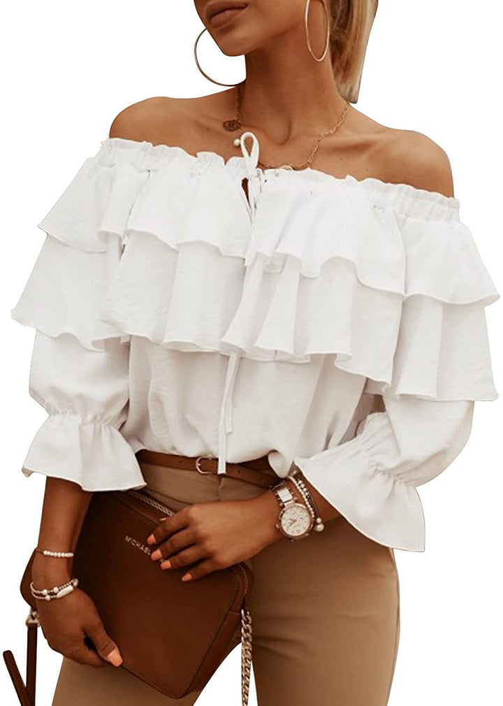 Dame top med ruffle-detaljer og åben skuldersøm Stilla