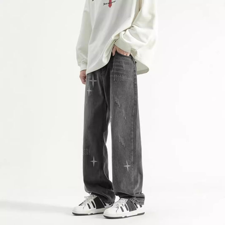 Herren brede jeans med moden distressed-effekt og kreative applikationer Stilla